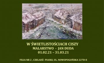 Jan Duda na tle swoich płócien.